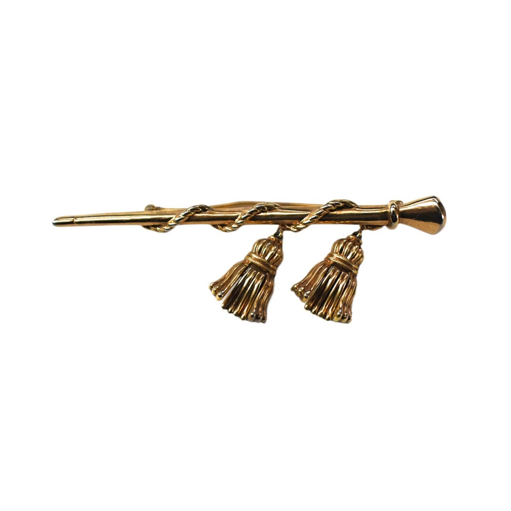 Vintage 50s Crown Trifari Alfred Philippe Mace Baton Tassel Draped Bar Brooch